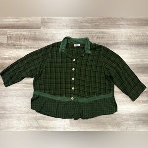 Vintage People Israel Green Plaid Button Front Top Shirt XL 100% Cotton